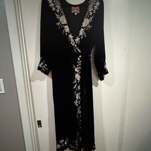 Johnny Was Black Velvet Embroidered Wrap Dress